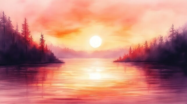 Serene watercolor landscape of a sunset over calm water with silhouetted pine trees on both sides and soft misty hills in the distance