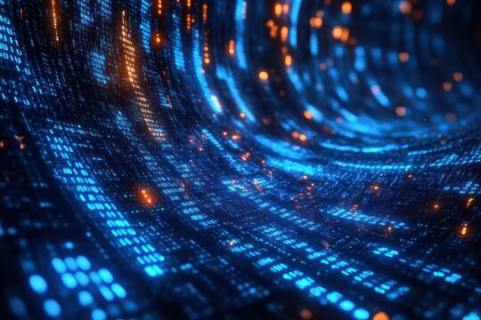 Curved tunnel of glowing blue binary code with scattered orange lights creating a futuristic digital data stream effect