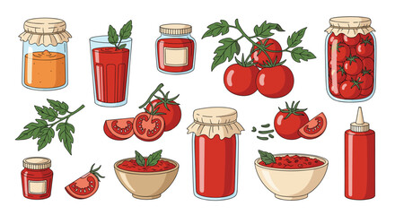 Set of illustrations featuring fresh ripe tomatoes and various processed products like juice, sauce, and preserves, on a white background.