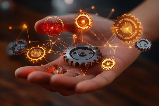 Hand holding interconnected glowing gears and cogs symbolizing technology and innovation with digital network connections