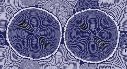 Abstract blue and purple wood grain pattern featuring multiple tree trunk cross-sections with visible growth rings.