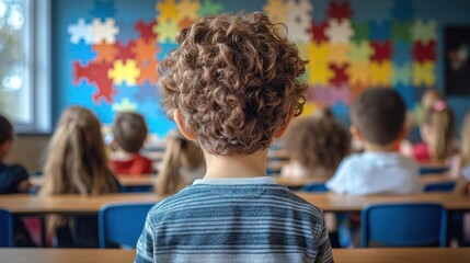 Young children sitting in a classroom facing a colorful puzzle piece wall display, engaged in a learning environment with bright natural lighting