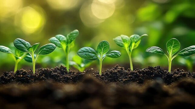 Close-up of young green seedlings sprouting in rich dark soil with a bright, blurred natural background conveying growth and freshness - Powered by Adobe