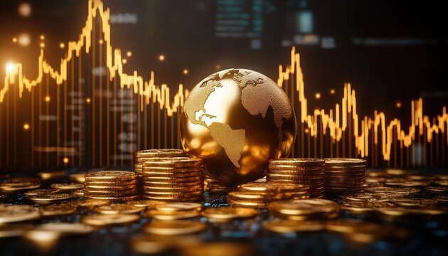 Golden globe surrounded by stacks of golden coins with fluctuating stock market graph in the background representing global finance and economic trends