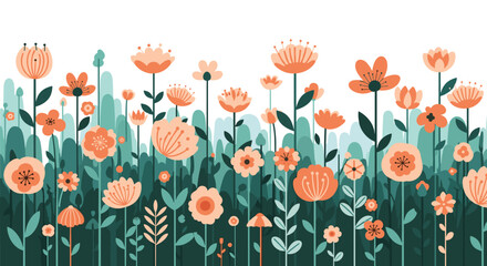 Whimsical floral border illustration with stylized orange and peach flowers and green foliage, ideal for spring and summer designs.