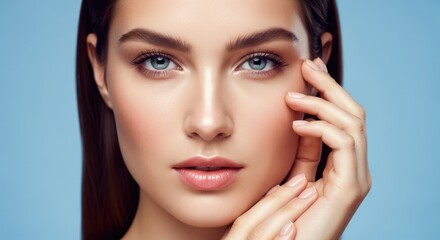 Fototapeta premium Beautiful young woman with smooth skin and natural makeup touching her face closeup