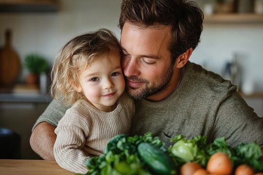 Father lovingly embracing his young daughter at a kitchen table with fresh vegetables and eggs in front of them, showing warmth and family connection