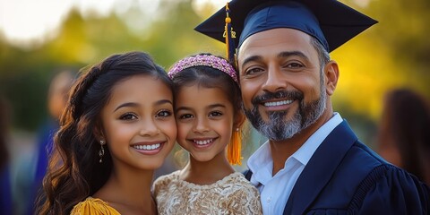 Smiling graduate man in cap and gown celebrating with two happy young girls outdoors in warm light