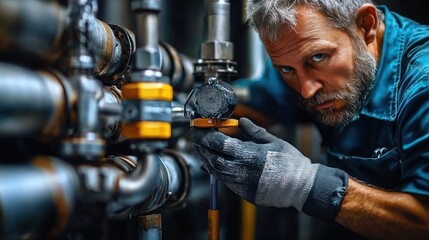 Focused technician inspecting gauge on industrial pipes with intense concentration and wearing protective gloves and workwear