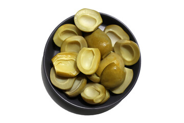 Salty pickled Ma-Muang Bao (Thai small mango) halves without seed.