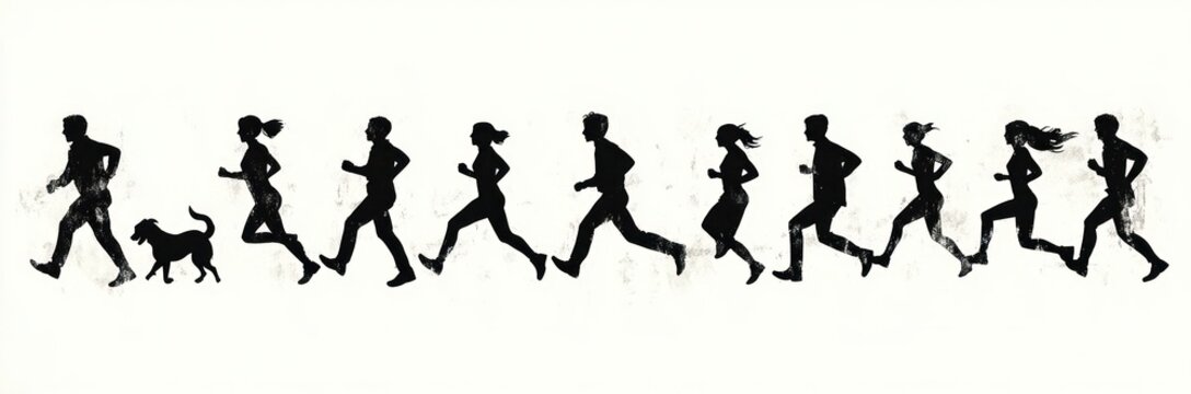 Black silhouettes of a group of diverse people running energetically in a row with one person accompanied by a dog on a light background - Powered by Adobe