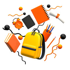 Floating School Supplies with Backpack and Notebooks, Stylized 3D Render, isolated on transparent background
