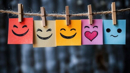 Colorful sticky notes with various hand-drawn happy and loving facial expressions hanging on a clothesline with wooden clothespins against a blurred background