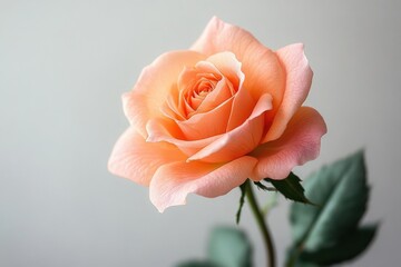 Single blooming apricot peach rose flower with delicate petals and green leaves on a soft grey background