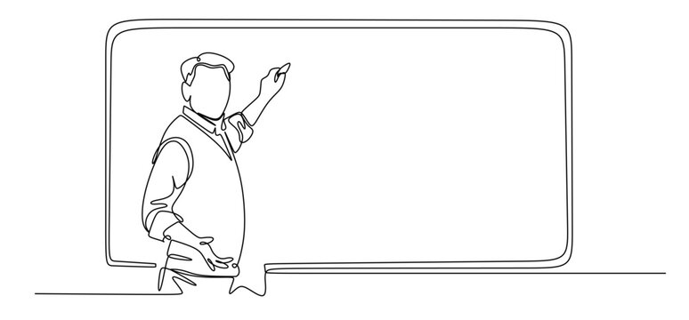 One continuous line drawing happy Teachers day. The teacher writes on the blackboard