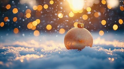 Glittering golden Christmas ornament resting on soft snow with warm bokeh lights glowing in the background, creating a cozy holiday atmosphere