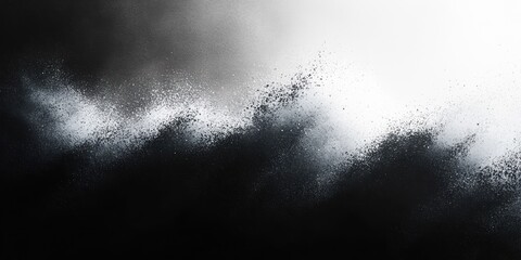 Abstract dynamic black powder dispersion on a white background creating smoky textured patterns with gradient shading and particle effects