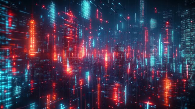 Futuristic digital cityscape composed of vibrant blue and red light grids and glowing vertical and horizontal lines evoking a high-tech atmosphere