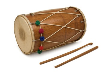 Traditional korean janggu drum and drumsticks on transparent backdrop, representing culture, music, and celebration