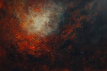 Obraz premium Abstract dark painting featuring fiery red and orange swirls blending into deep black and gray shades evoking intense and dramatic emotions
