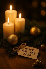 Warm wishes for a Happy New Year 2026 with glowing candles, ornaments, and festive greenery creating an inviting and hopeful atmosphere for celebrations