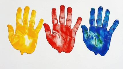 Three colorful handprints in yellow, red, and blue on a white background, symbolizing creativity and playful expression