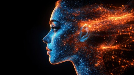 Side profile of a human face composed of glowing blue digital particles with flowing orange light streams extending from the head, symbolizing futuristic technology and digital consciousness