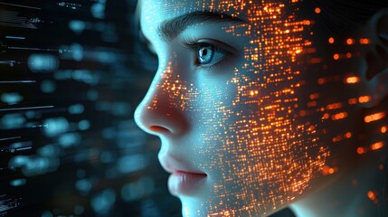 Close-up side profile of a young person's face with illuminated digital data patterns overlaying their skin, conveying a futuristic and thoughtful atmosphere