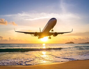 Plane over ocean sunset