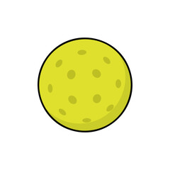 Yellow pickleball ball with small holes, isolated on white background, used for indoor and outdoor paddle games.