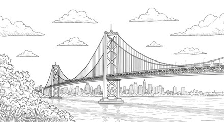 Fototapeta premium Detailed Black and White Sketch of Massive Suspension Bridge Spanning Water Near City Skyline for Travel Design