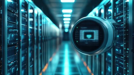 Futuristic server room corridor with glowing blue lights and a spherical digital surveillance camera displaying an envelope icon, conveying high-tech security and communication
