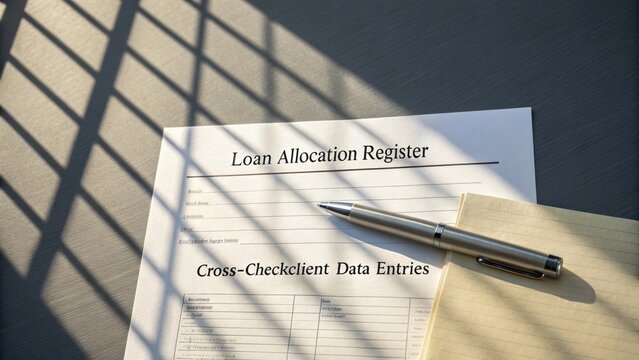 Loan Allocation Register Document with Pen and Notepad on Table with Shadow Patterns from Window Blinds
