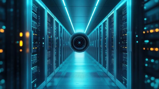 Futuristic server room corridor with bright blue lighting and a floating circular camera lens in the center, evoking high-tech and surveillance atmosphere