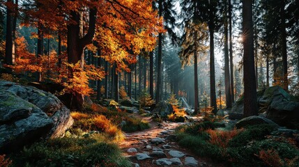 Fototapeta premium Autumn Forest Path Bathed in Golden Sunlight