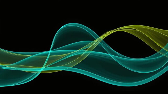 Transparent blue-green and yellow-green waves of light flowing and intersecting smoothly