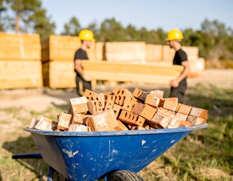 Wheelbarrow of bricks at a construction site