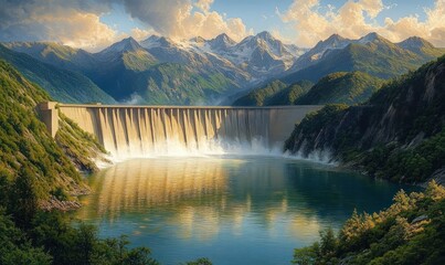 Fototapeta premium Large concrete dam releasing water into a serene lake surrounded by lush green forests and towering mountains under a partly cloudy sky