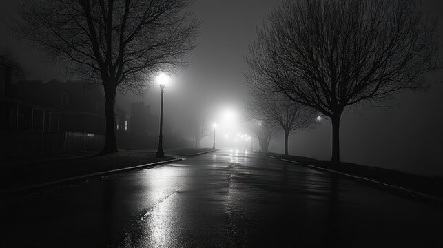 Empty street at night with wet pavement illuminated by street lamps and surrounded by leafless trees and houses under foggy dark sky