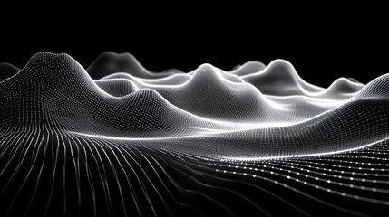 Digital 3D grid wave landscape with illuminated white mesh lines forming abstract mountainous terrain on black background