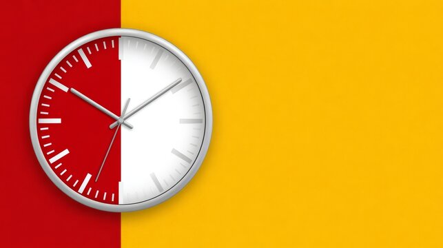 Vibrant timepiece with striking red and yellow hues clock face displaying hours and minutes against bold backdrop.