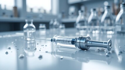 Syringe, Vials, and Powder on Lab Table. Medical Research, Drug Development, Vaccine Preparation, Pharmaceutical Concept.