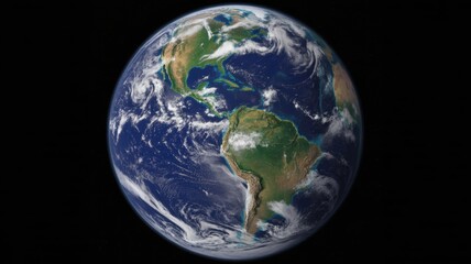 A view of earth from space showing north and south america with cloud cover on a black background