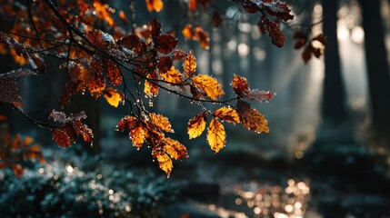Autumn forest canopy with dew drops sparkling in soft morning light
