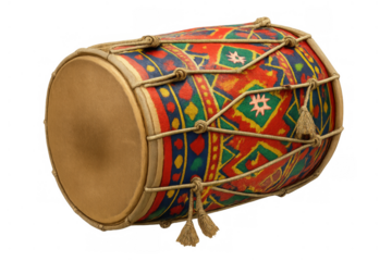 Dholak musical instrument artwork. Indian folk percussion drum with ornate pattern. Traditional sound music culture