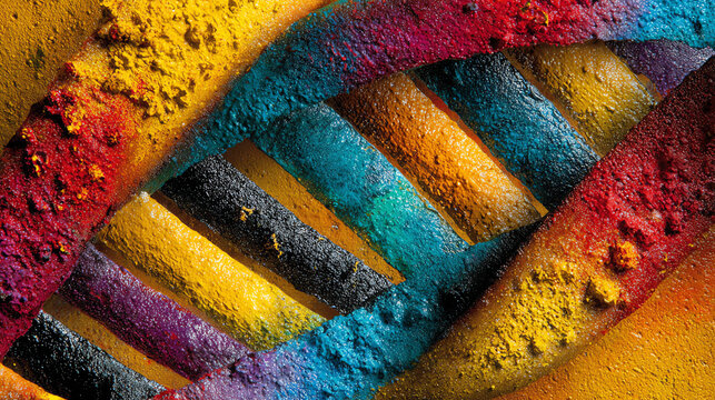 Colorful DNA Strand: A vibrant and captivating view of a DNA double helix, painted with a spectrum of vivid colors that illustrate the beauty of genetics and biological innovation. - Powered by Adobe