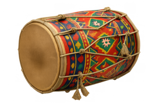 Dholak musical instrument artwork. Indian folk percussion drum with ornate pattern. Traditional sound music culture