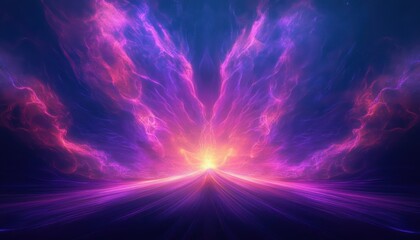 Bright abstract light source emitting purple and pink ethereal energy beams symmetrically spreading across a dark blue background, evoking a sense of cosmic power and mysticism