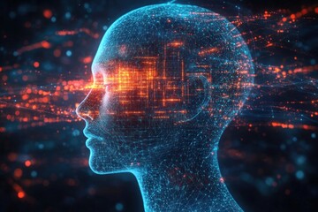 Digital wireframe of human head with glowing orange circuit-like patterns across the eyes conveying technology and artificial intelligence concept
