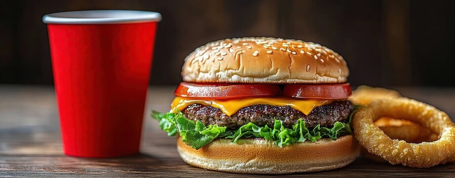 Close-up of a cheeseburger with fresh lettuce and tomato on a sesame seed bun, served with crispy golden onion rings and a red takeaway cup on a wooden table